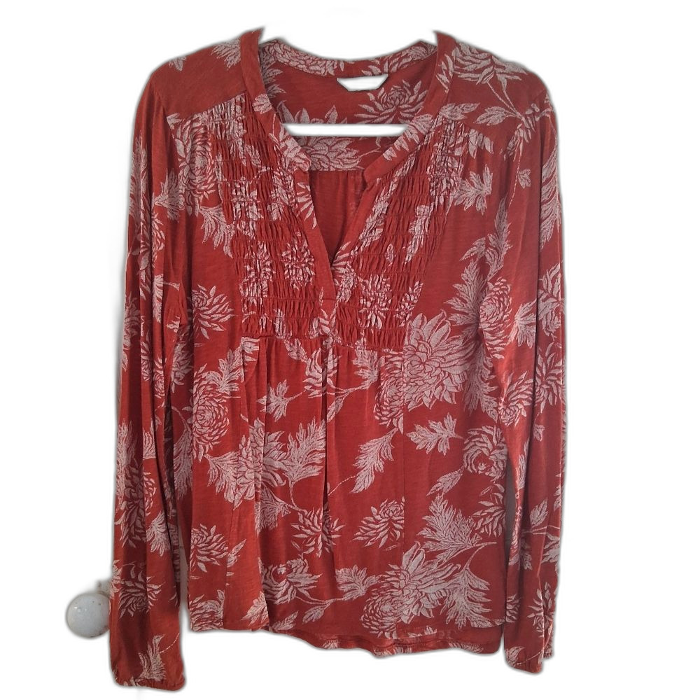 Lucky Brand Orange With Cream Floral Smocked Long Sleeve Blouse